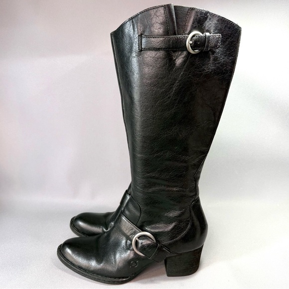 Born Shaylee Black Leather Tall Buckle Heeled Knee-High Boots - Picture 2 of 16